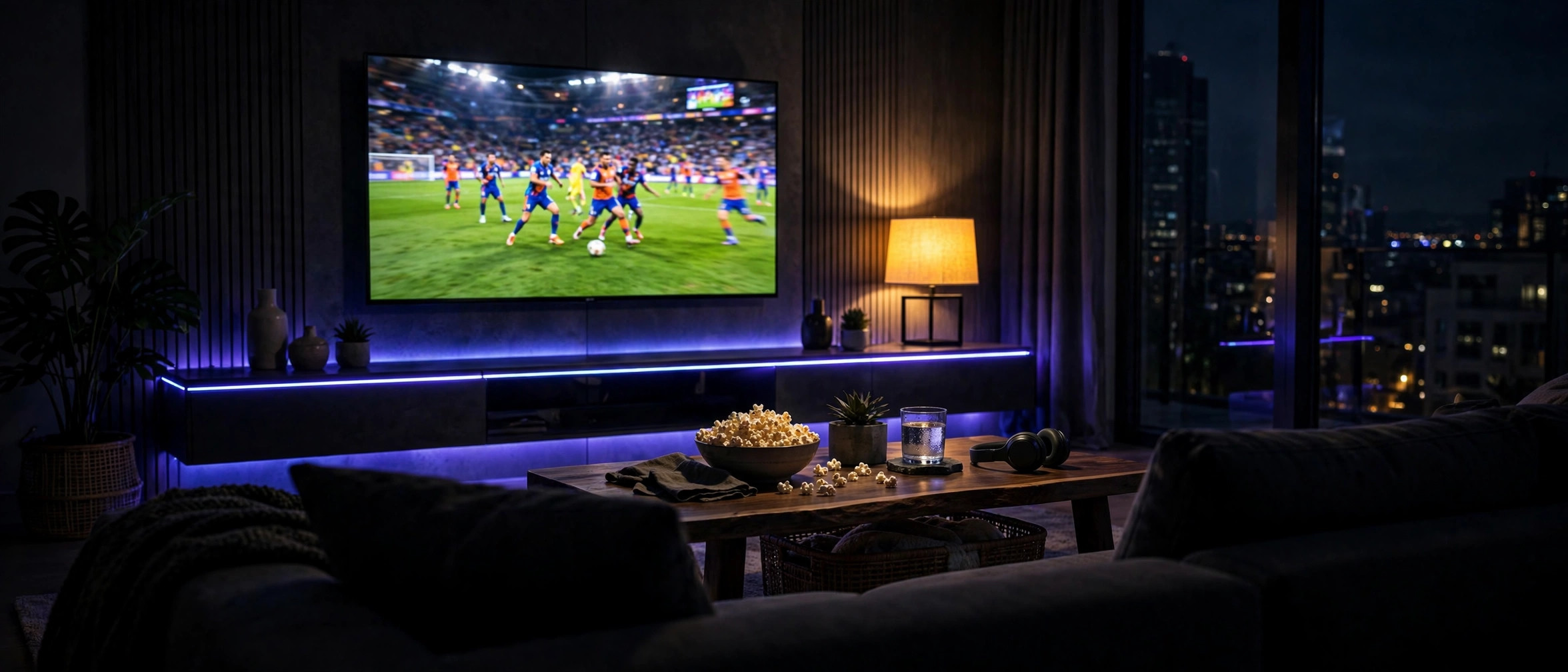 Living room at night with a big TV playing live sports